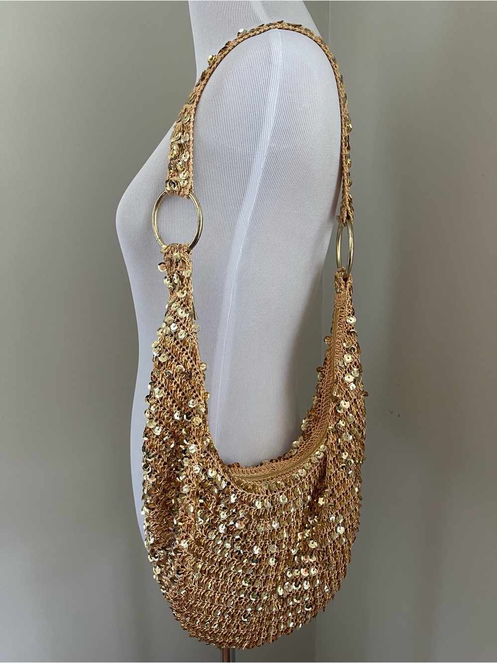 Fashion Express Gold Sequin Crochet Hobo Shoulder Bag Y2K - Picture 13 of 16